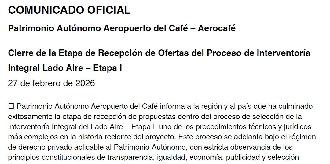 Cierre de la Etapa de Recepción de Ofertas del Proceso de Interventoría
